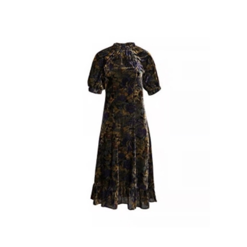 NWT Sea New York Dress Dogwood Dropped Shoulder Velvet Midi 6 Dark Floral Fall - Picture 2 of 13